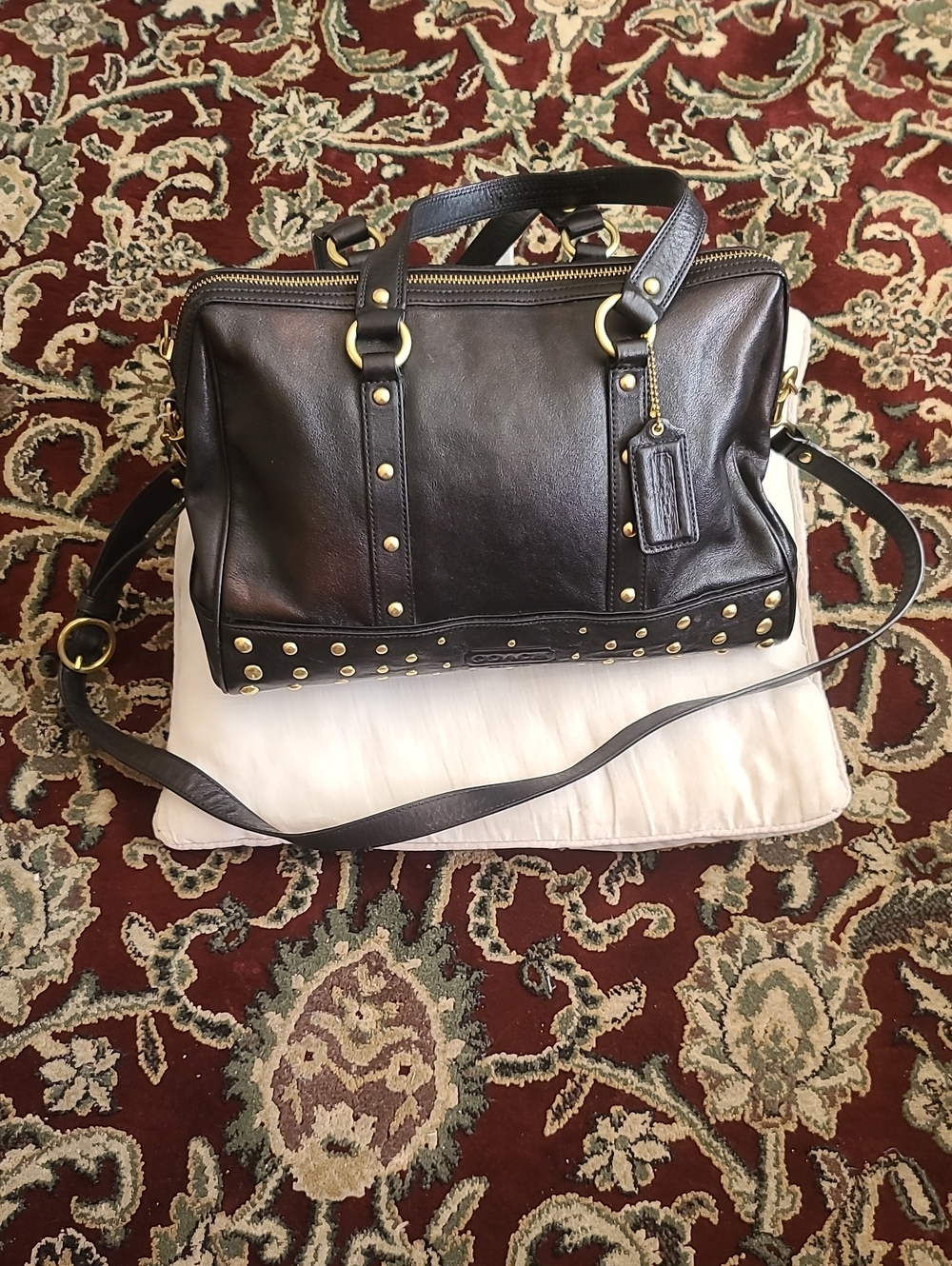 COACH LEATHER STUDS NANCY SATCHEL F15506 - Black with Gold Studs with Long Strap